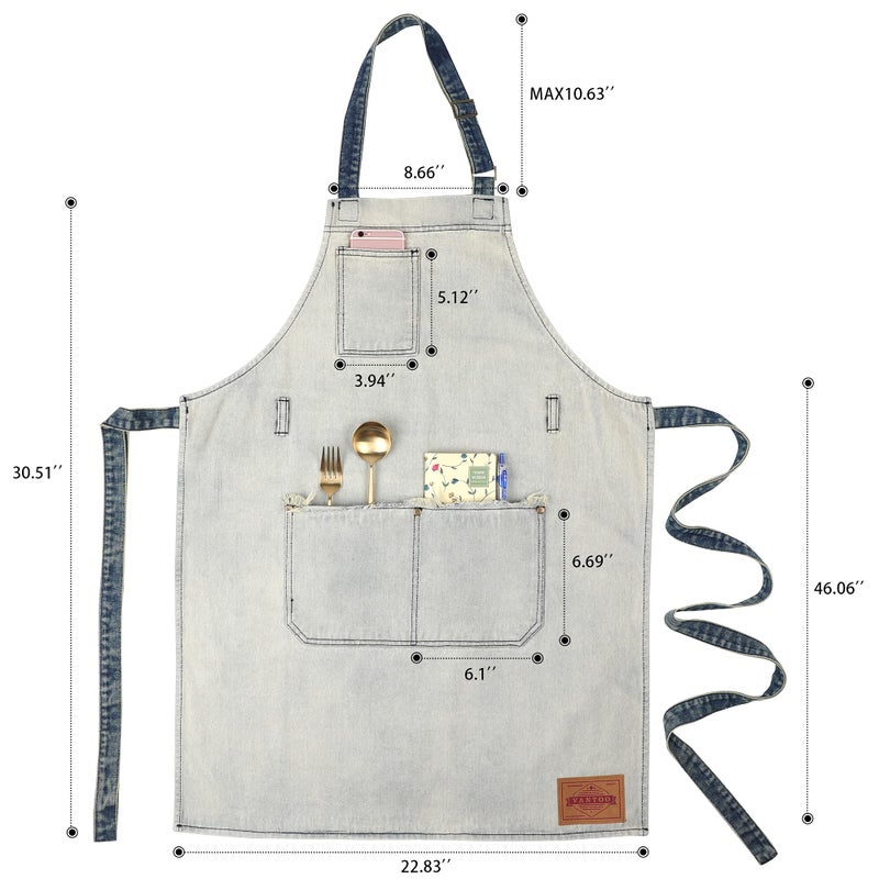 VANTOO Denim Artist Chef Kitchen Apron with Pockets for Men Women, Jean Painting Apron, Gift for Him and Her, Dad and Mom - Image 3